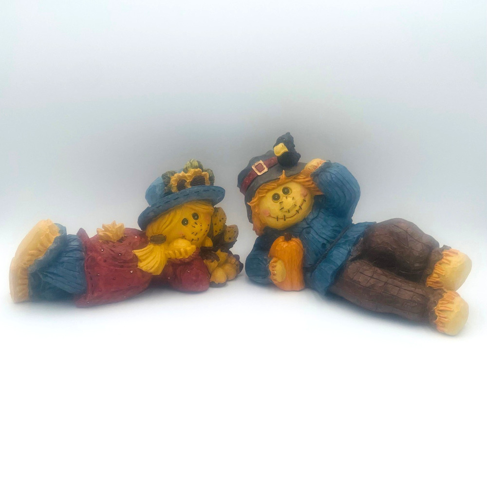 Vintage Long Rich Boy And Girl Scarecrow's Resin Thanksgiving Fall
